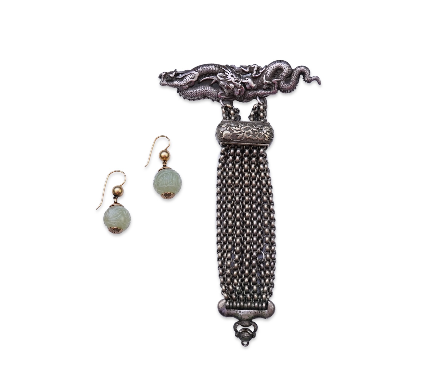 A chatelaine and a pair of serpentine bead earrings